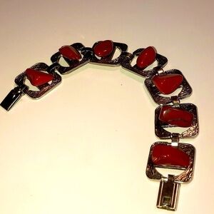 VTG Red Jasper Stone Textures Silver Tone Rounded Square Link Bracelet 7”